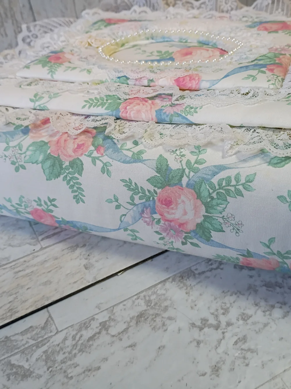 Vintage Album Hand Made Floral Lace Cottagecore Romantic  in Cream, Pink & Blue